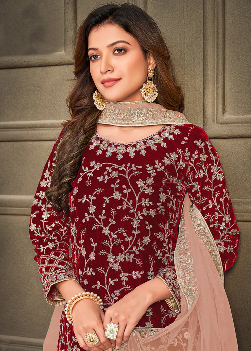 Traditional Party Wear Bright Red Velvet Palazzo Salwar Kurta