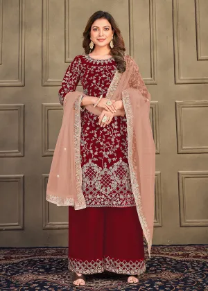 Traditional Party Wear Bright Red Velvet Palazzo Salwar Kurta