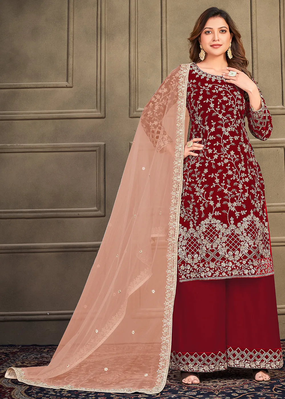 Traditional Party Wear Bright Red Velvet Palazzo Salwar Kurta