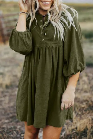 Truly Yours - Corduroy Buttoned 3/4 Sleeve Dress