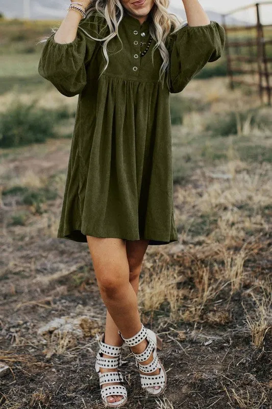 Truly Yours - Corduroy Buttoned 3/4 Sleeve Dress