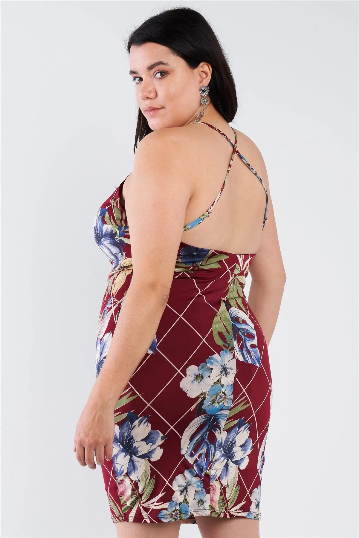 Voluptuous ( ) Plus Size Criss-cross Open Back Mini Floral Print Dress -2 styles