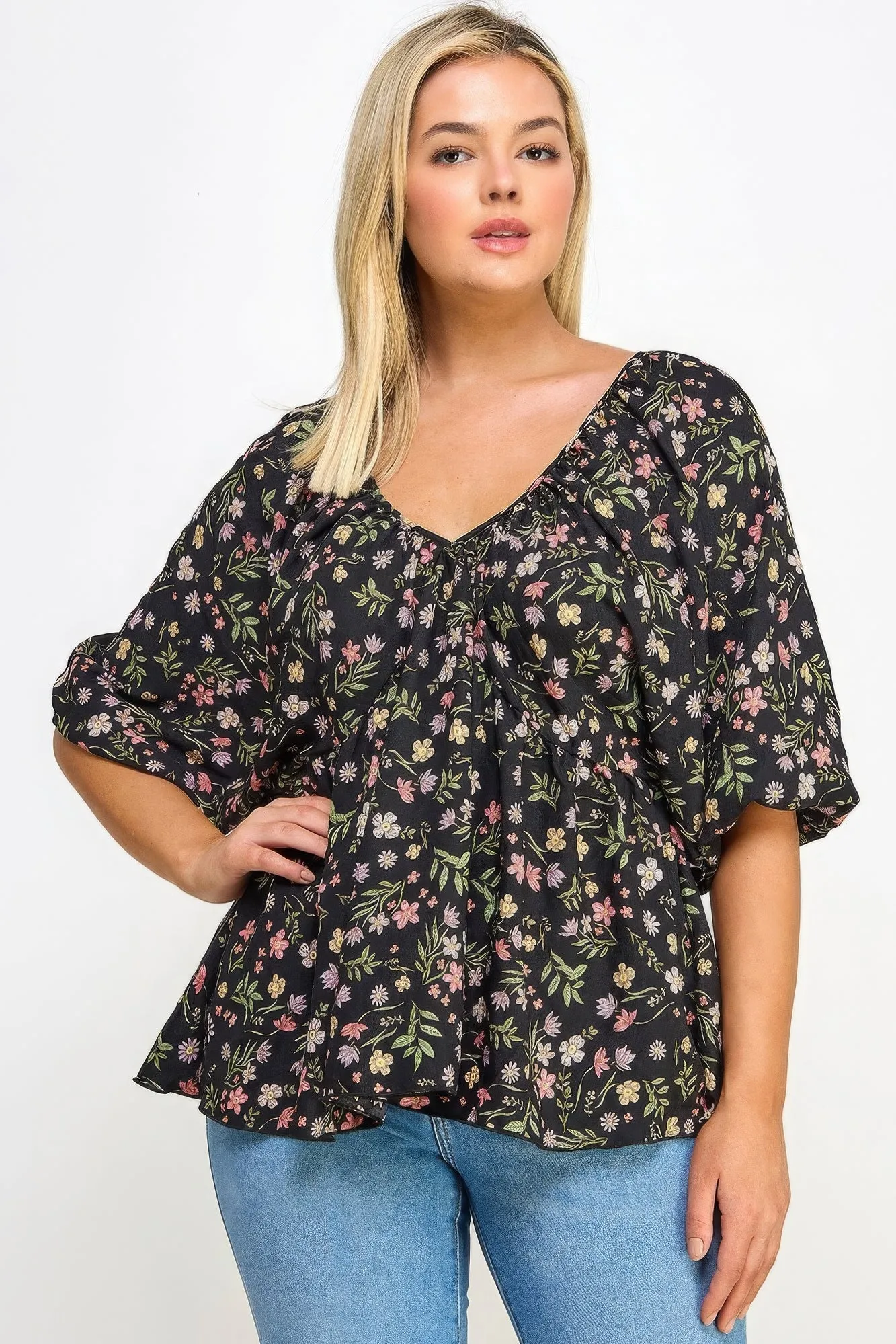 Voluptuous ( ) V-neck  Balloon Slv Floral Babydoll Top for Women