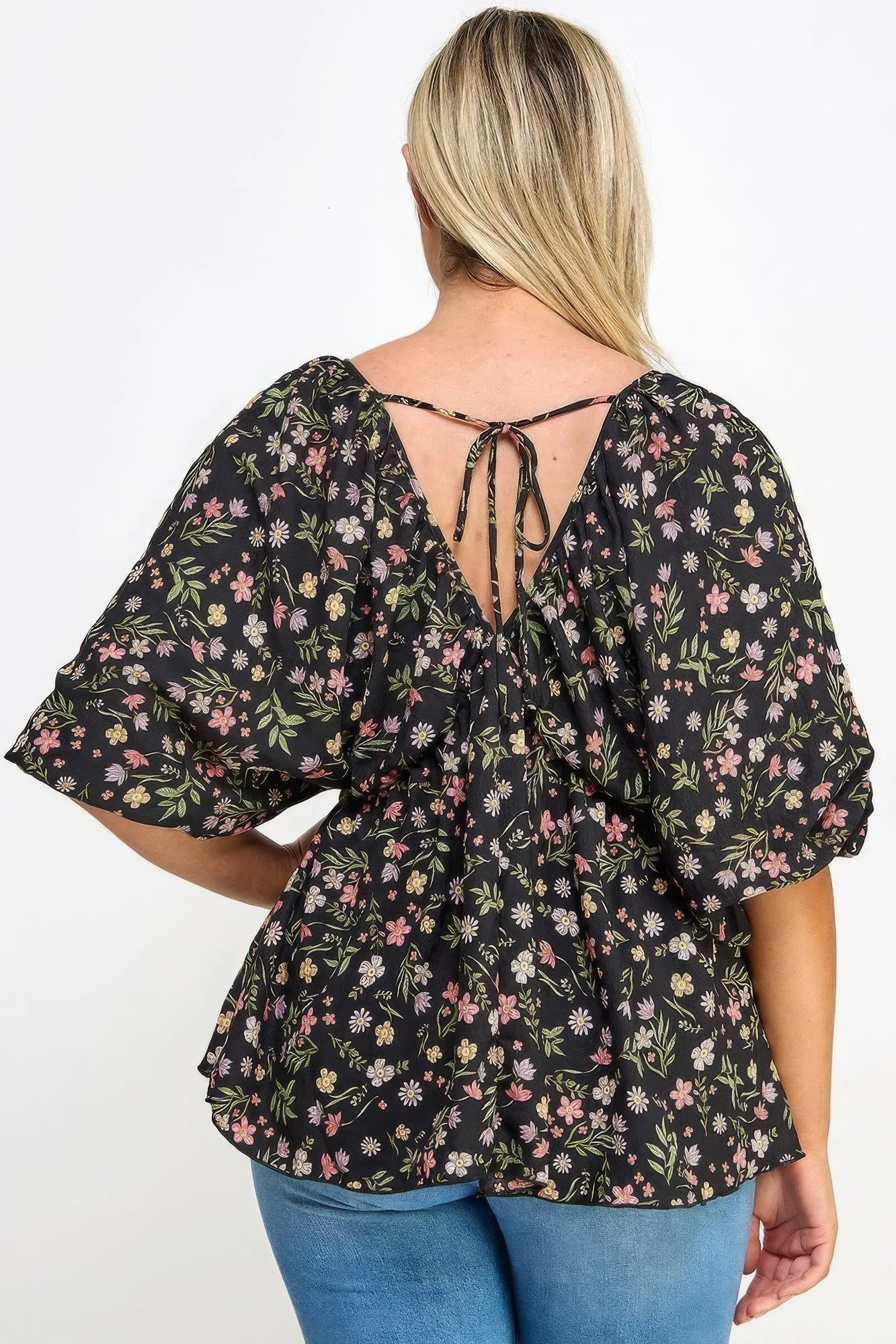 Voluptuous ( ) V-neck  Balloon Slv Floral Babydoll Top for Women