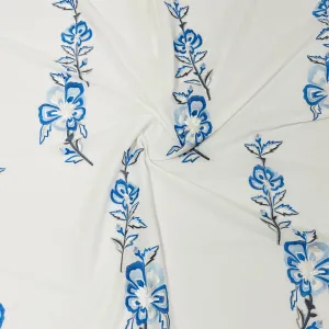 White Blue Floral Embroidery Cotton Fabric