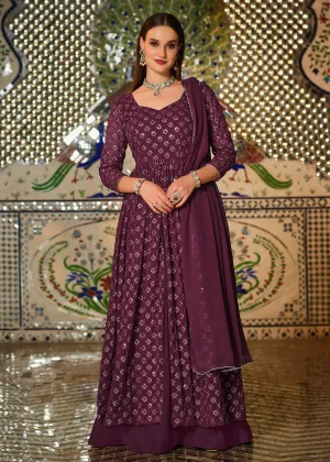 Wine Sequins Front Slit Wedding Wear Anarkali Lehenga