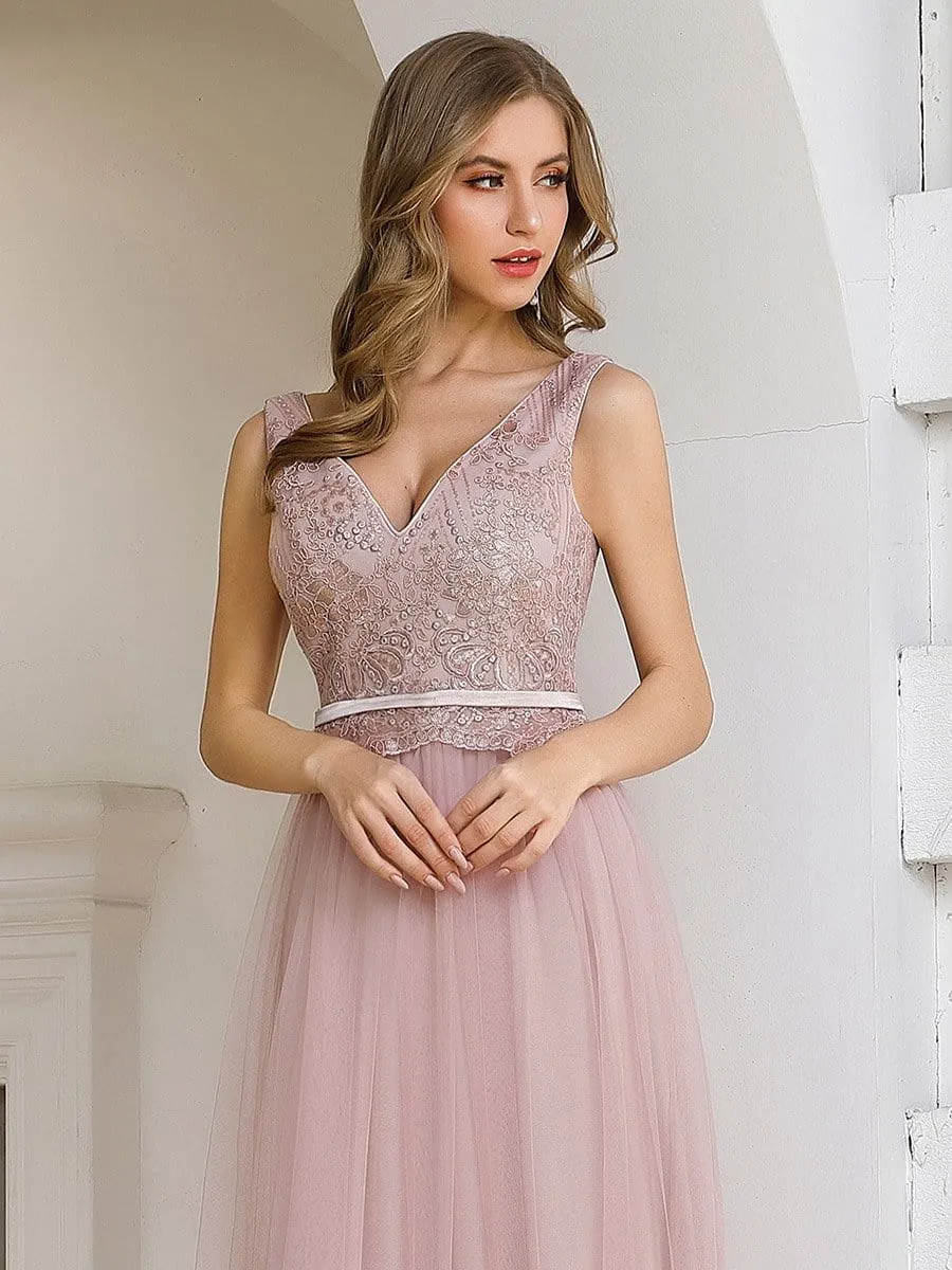 Women's Sweet Double V Neck Embroidered Tulle Bridesmaid Dress