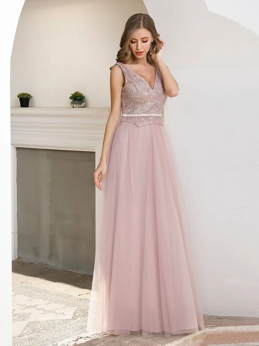 Women's Sweet Double V Neck Embroidered Tulle Bridesmaid Dress