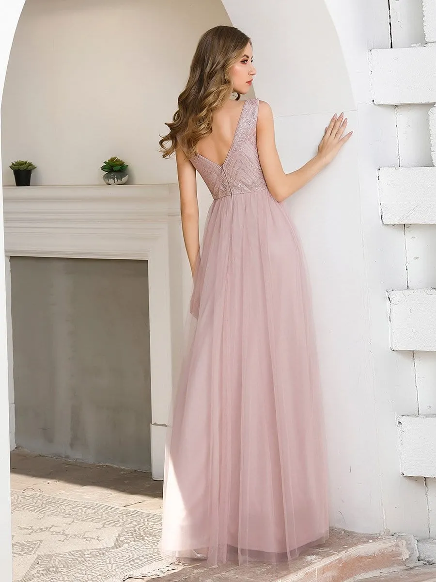 Women's Sweet Double V Neck Embroidered Tulle Bridesmaid Dress