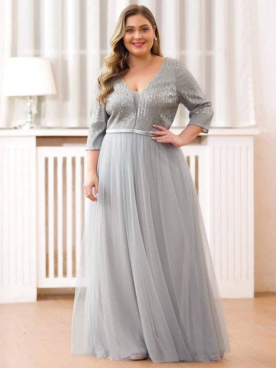 Women's V-Neck Floor Length Sparkly Evening Dress with Sleeve