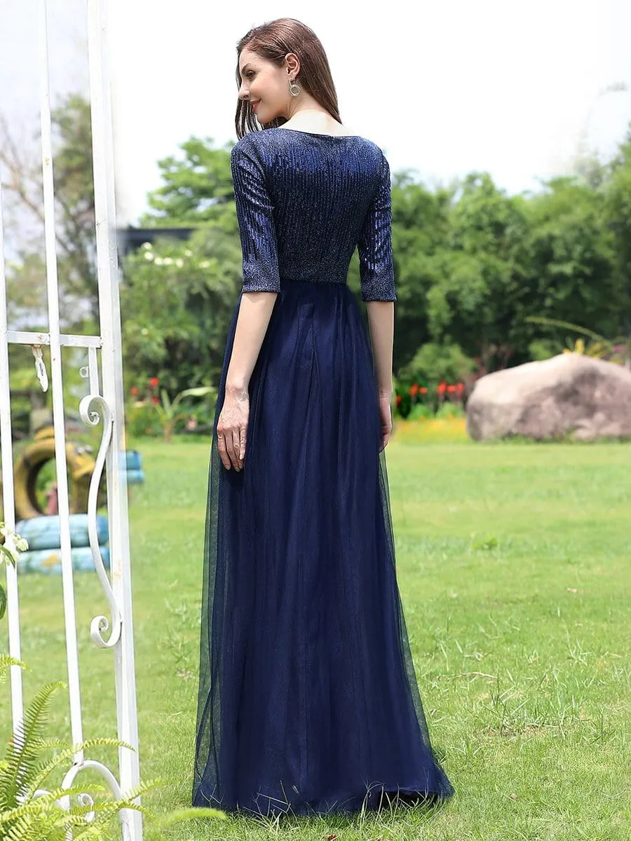 Women's V-Neck Floor Length Sparkly Evening Dress with Sleeve