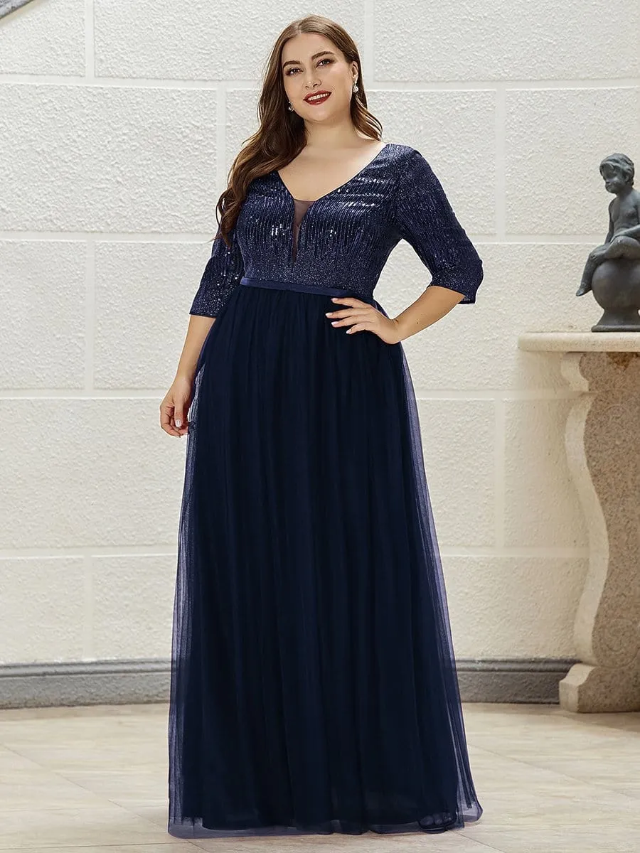 Women's V-Neck Floor Length Sparkly Evening Dress with Sleeve