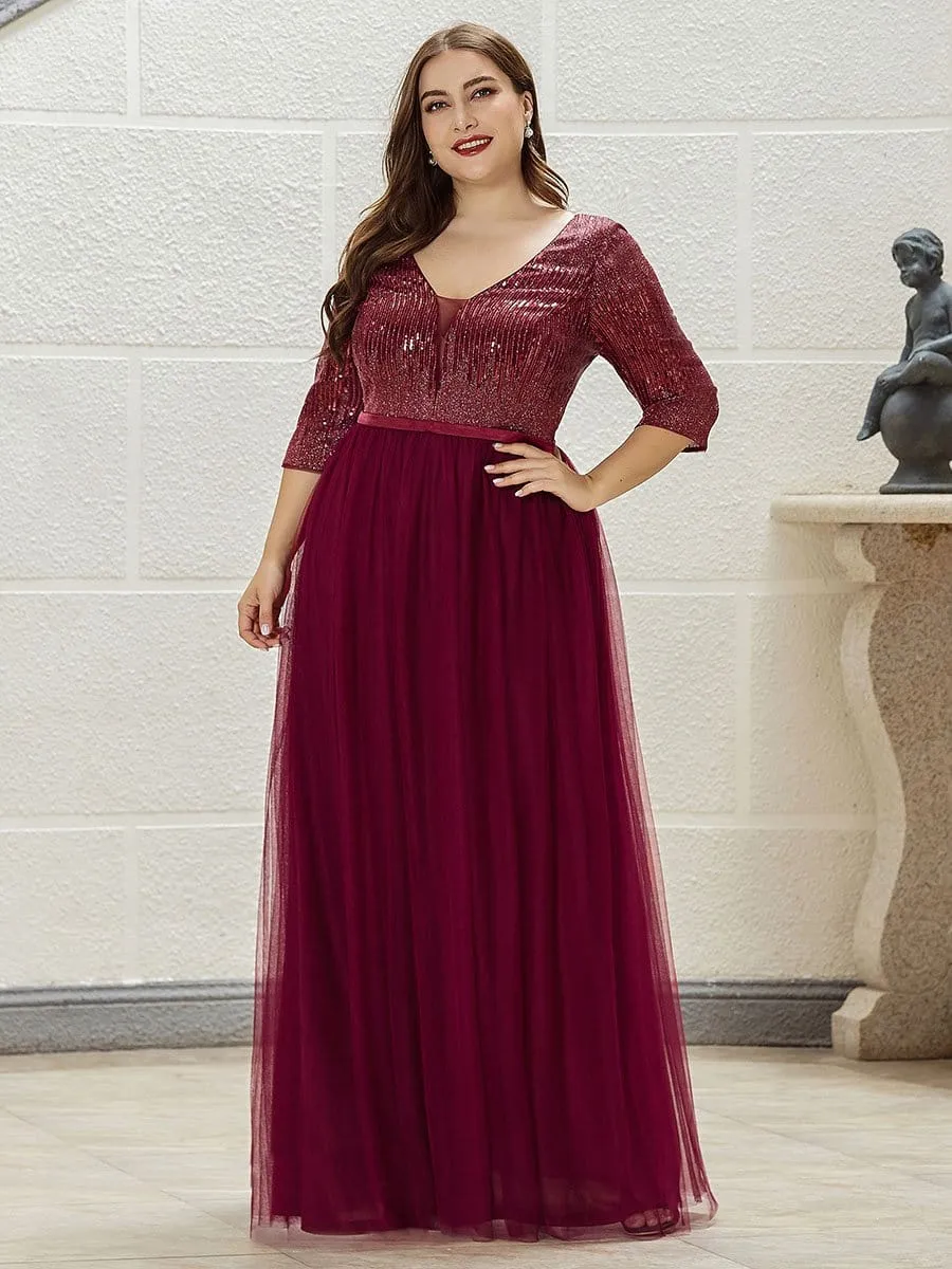 Women's V-Neck Floor Length Sparkly Evening Dress with Sleeve