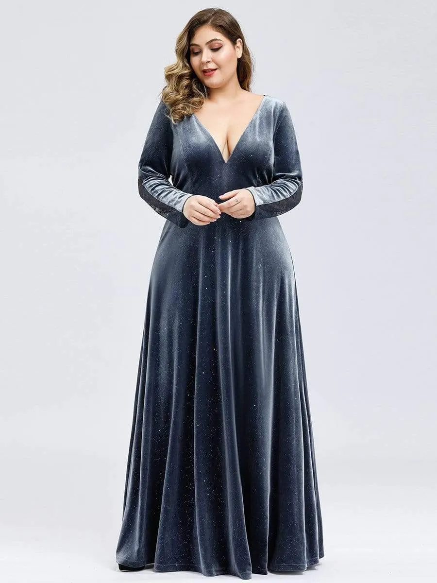 Women's V-Neck Floor Length Velvet Prom Dresses With Long Sleeve